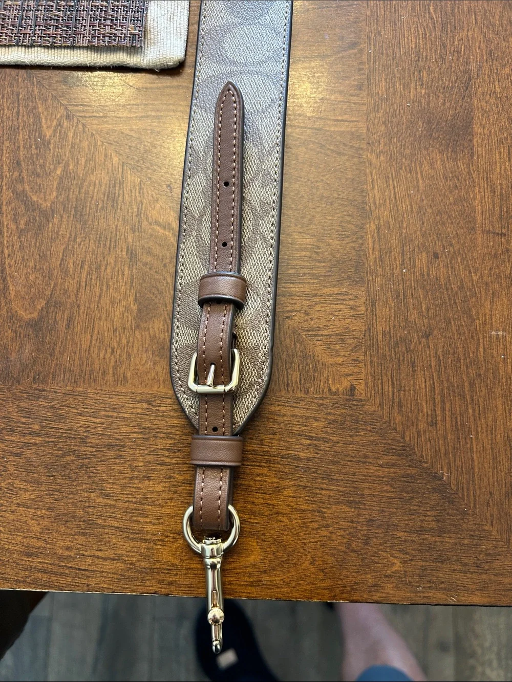 Coach Brown Leather & Signature Canvas Adjustable Strap with Gold Hardware